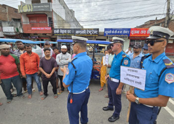 दुर्घटना न्युनीकरण गर्न सडक लेनको जानकारी गराउँदै ट्राफिक प्रहरी