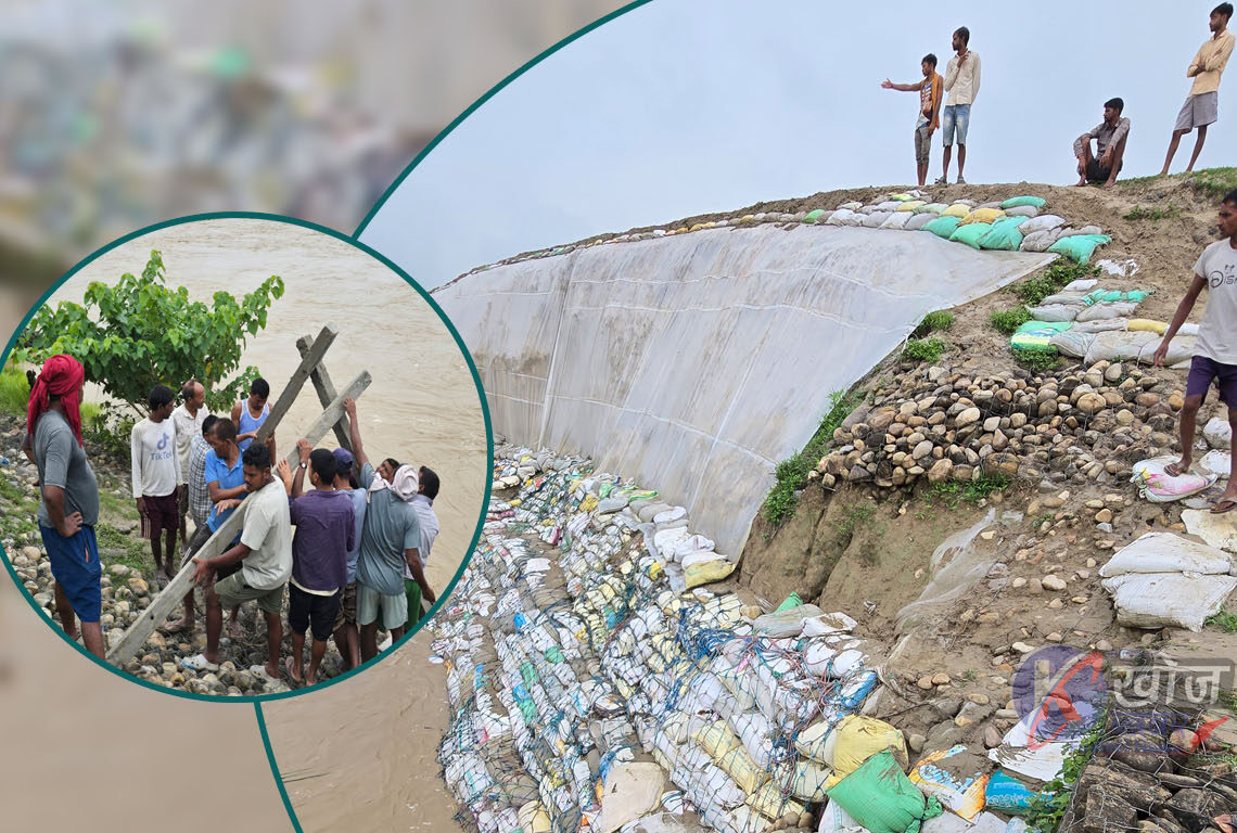 बाढीको बहाव रोक्न खल्ला झगडियास्थित राप्ती नदिमा सिमेन्ट पाइलिङ जारी