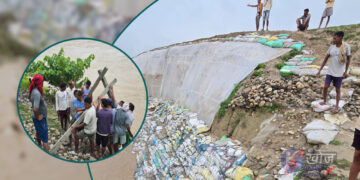 बाढीको बहाव रोक्न खल्ला झगडियास्थित राप्ती नदिमा सिमेन्ट पाइलिङ जारी